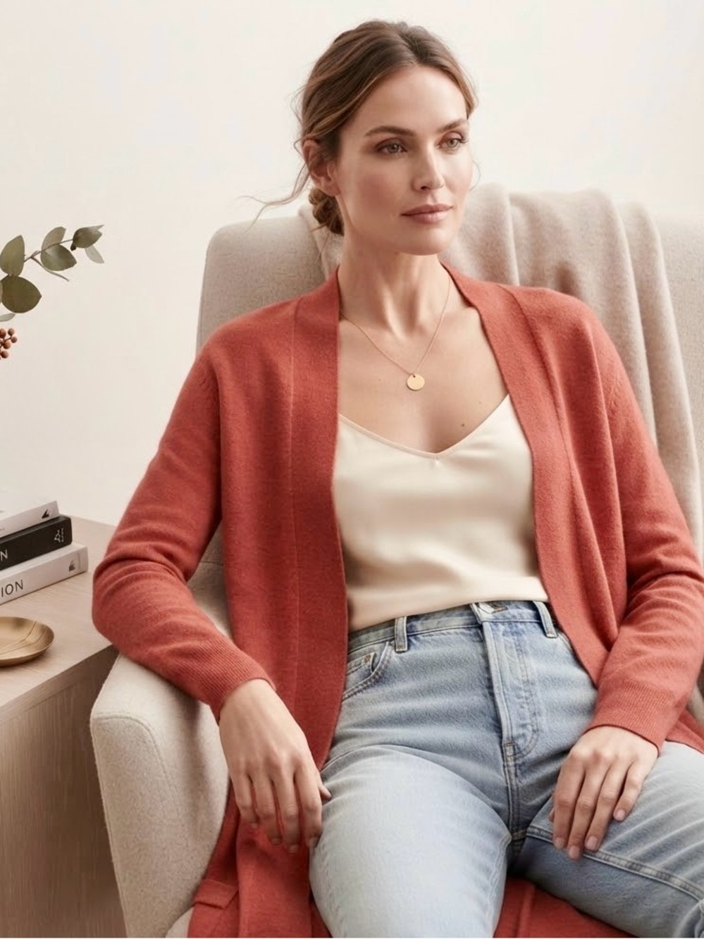 Eileen Fisher Silk Blend Open-Front Rust Cardigan